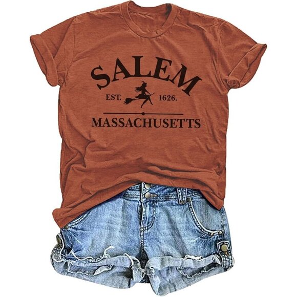 Tops - women's Brown Cotton blend Halloween Ghost Retro Spooky Short Sleeve T Shirt